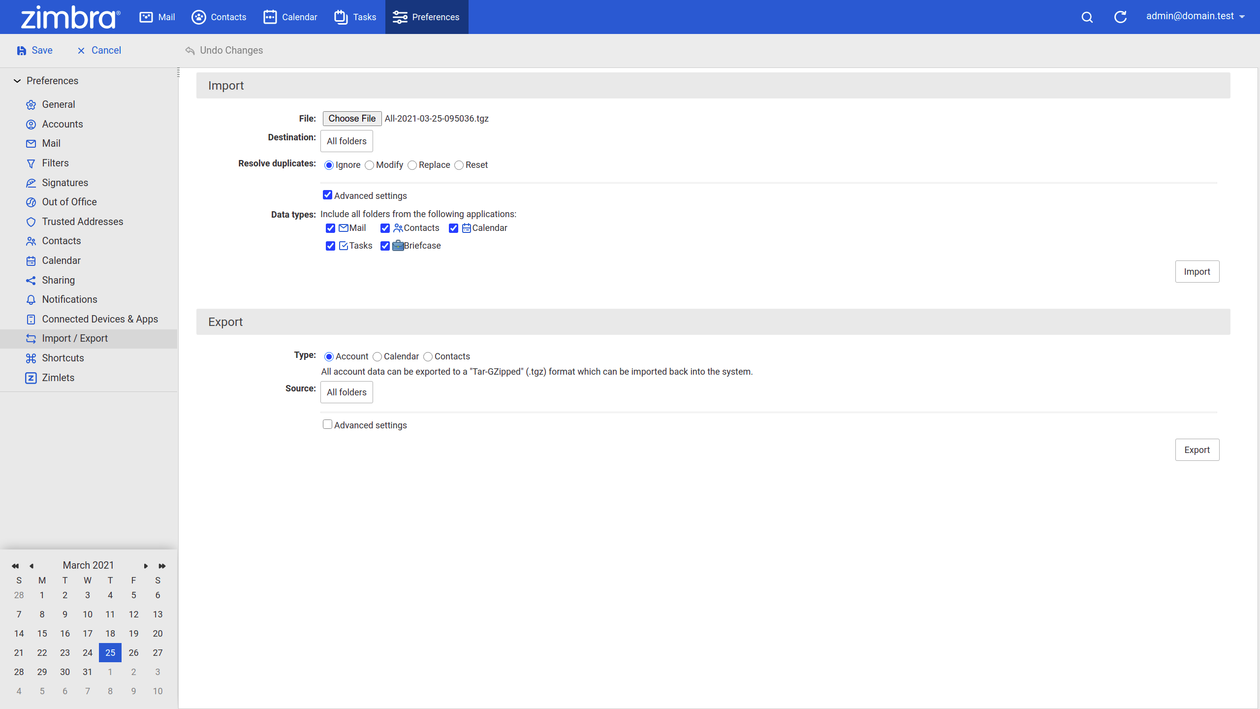 Import/Export in Zimbra