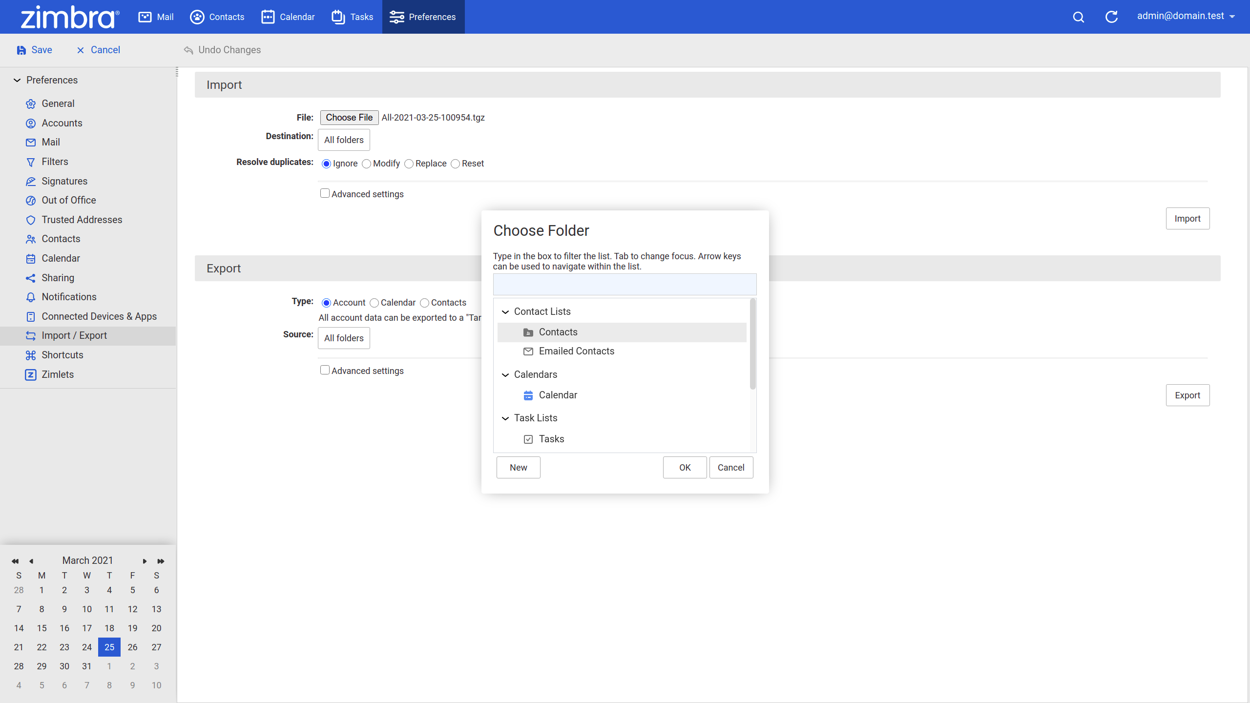 Import/Export in Zimbra