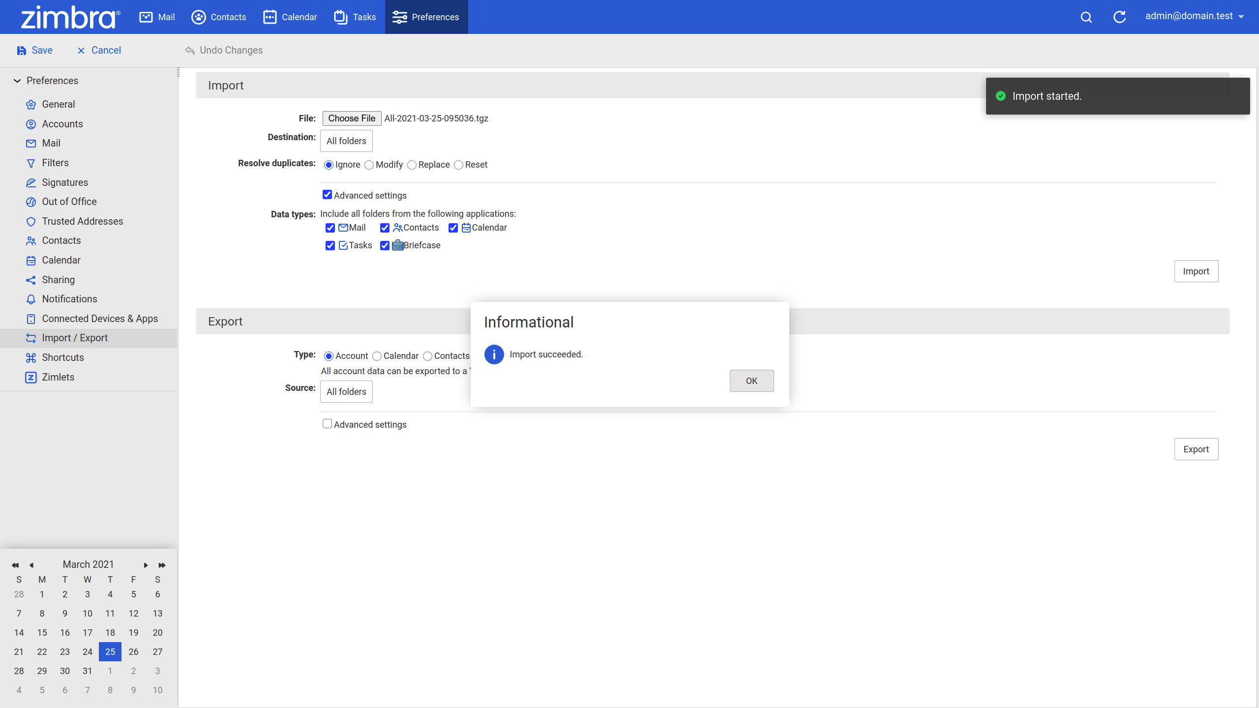 Import/Export in Zimbra