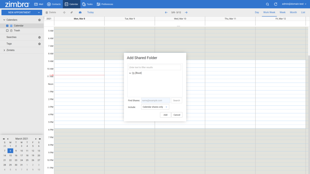 Zimbra share calendar find folder