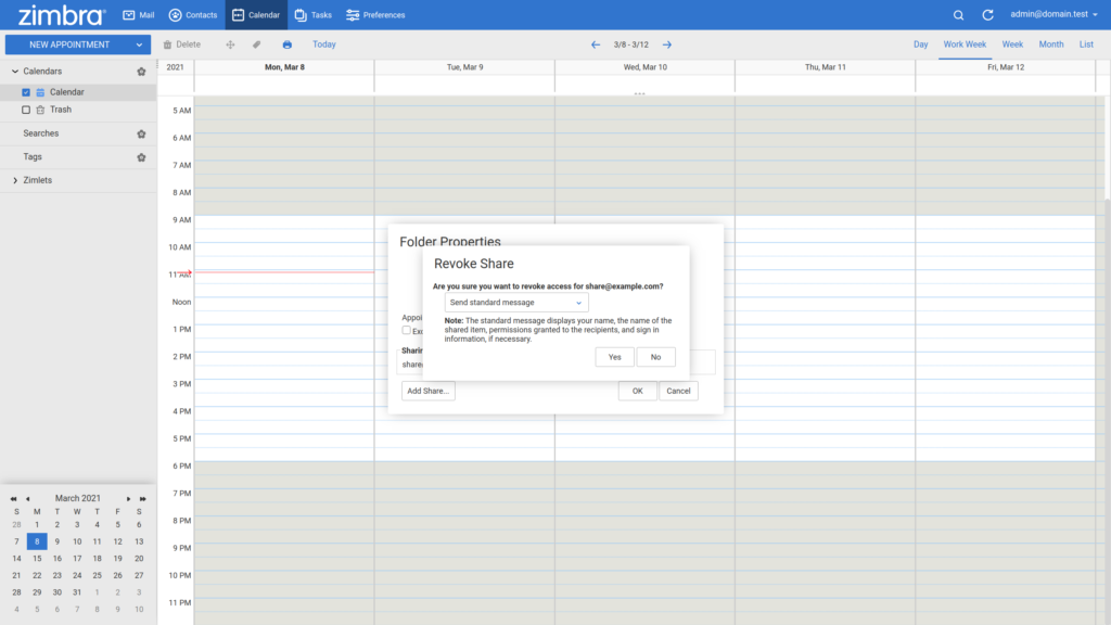 Zimbra share calendar revoke