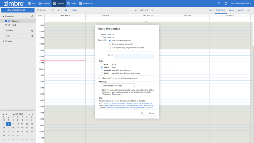 Zimbra share calendar internally