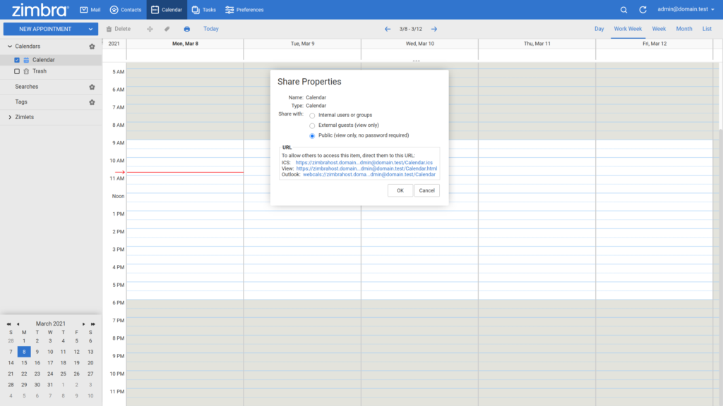 Zimbra share calendar publicly