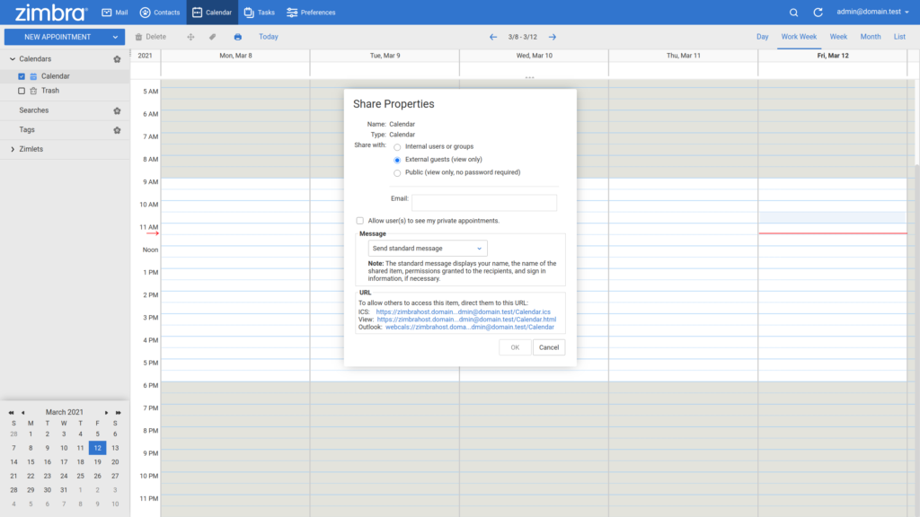 Zimbra share calendar externally
