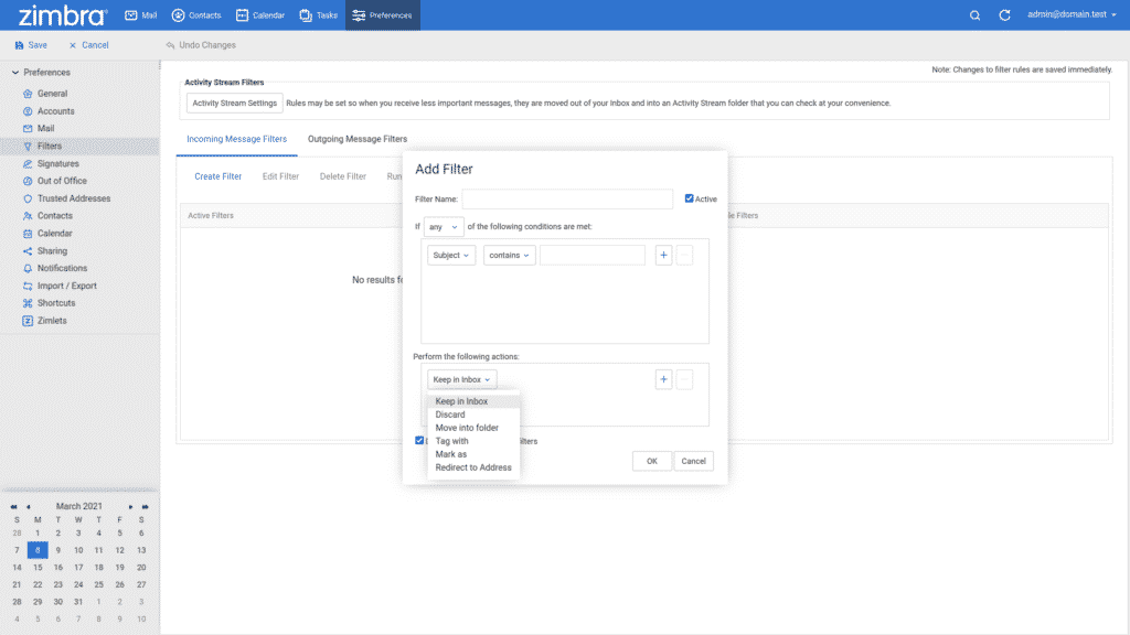 Zimbra preferences create filter