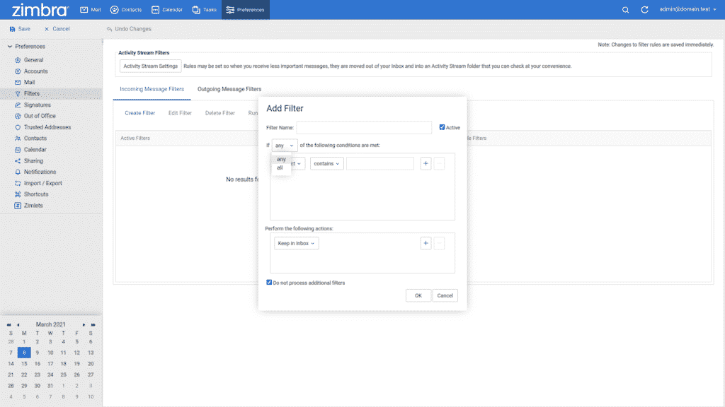 Zimbra preferences create filter rule