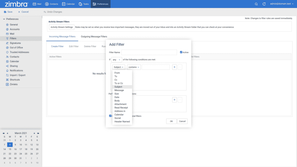 Zimbra preferences create filter rule