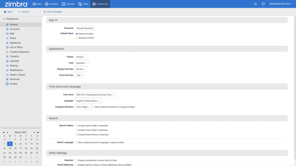  Zimbra preferences general