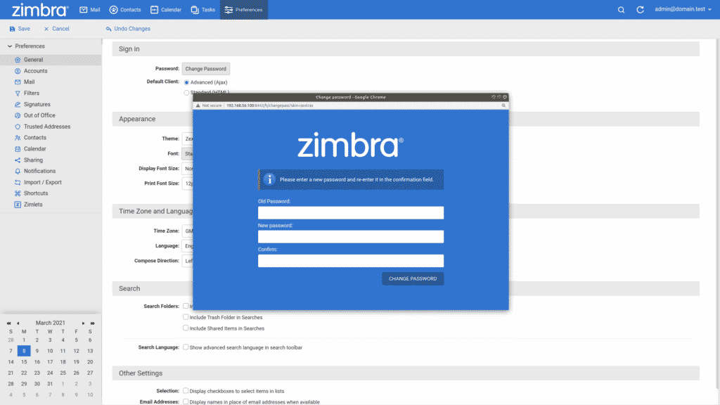  Zimbra preferences general change password