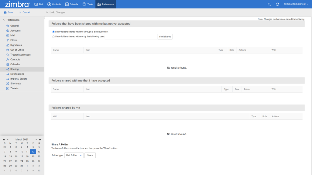 Zimbra preferences sharing
