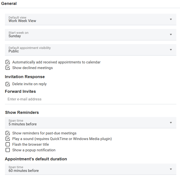 Carbonio CE user account settings - calendars