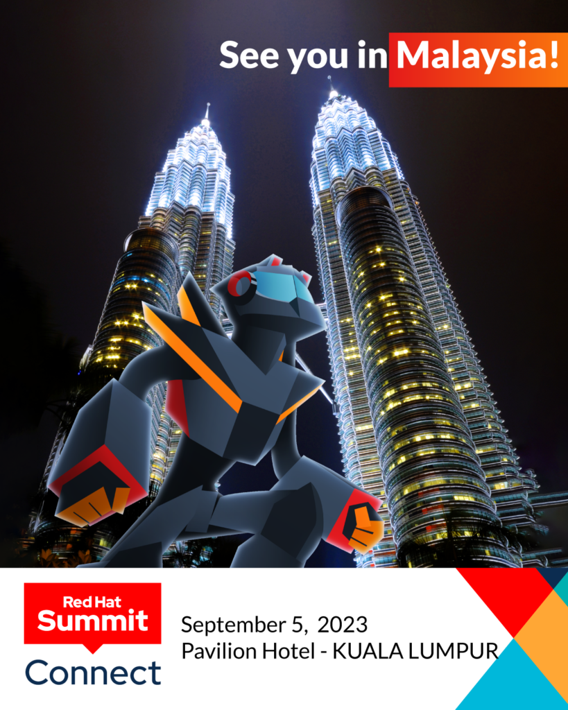 Zextras Carbonio robot striding before the two high towers in Kuala Lumpur.