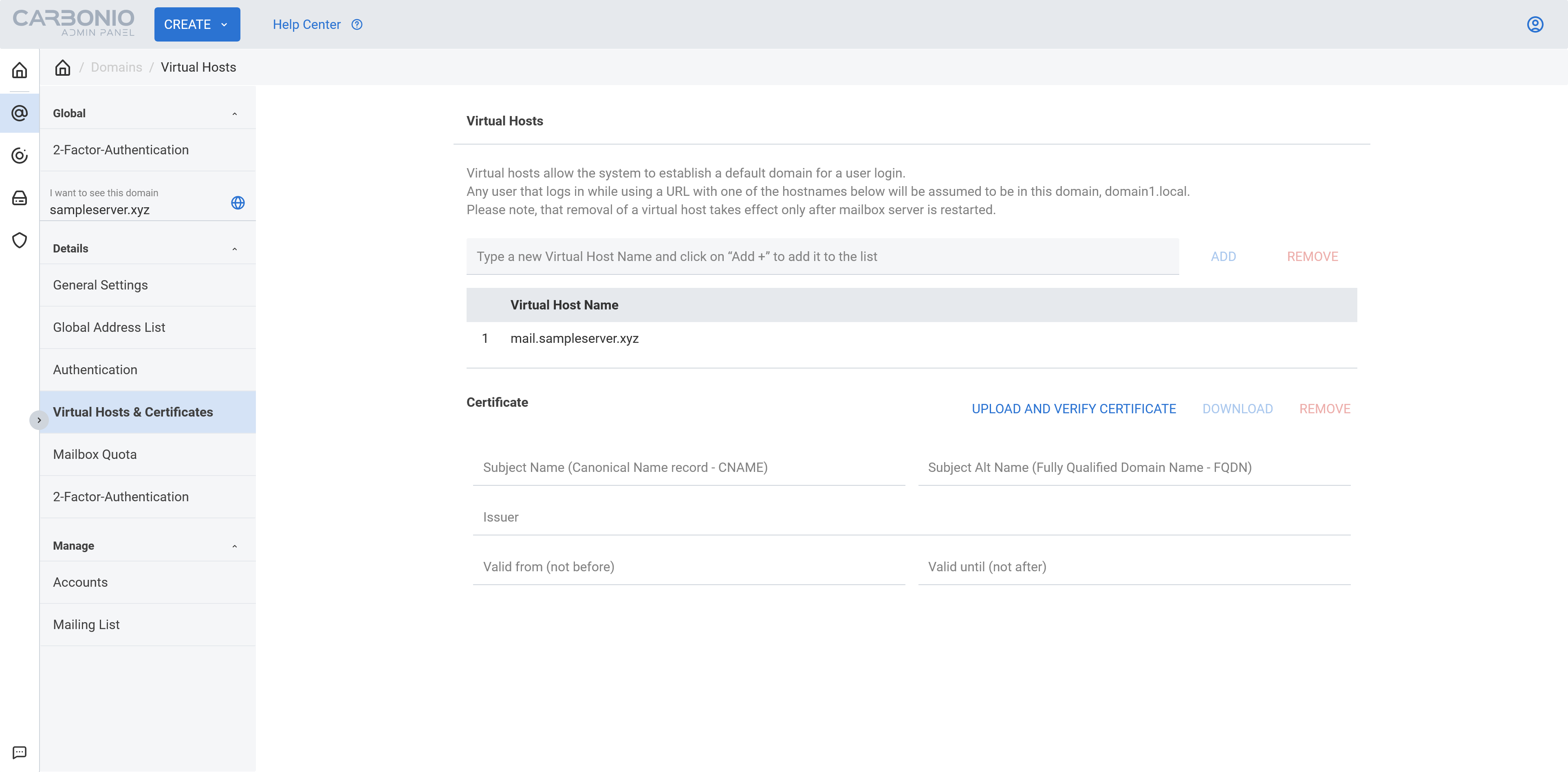 Carbonio CE Admin Panel Virtual hosts & Certificates