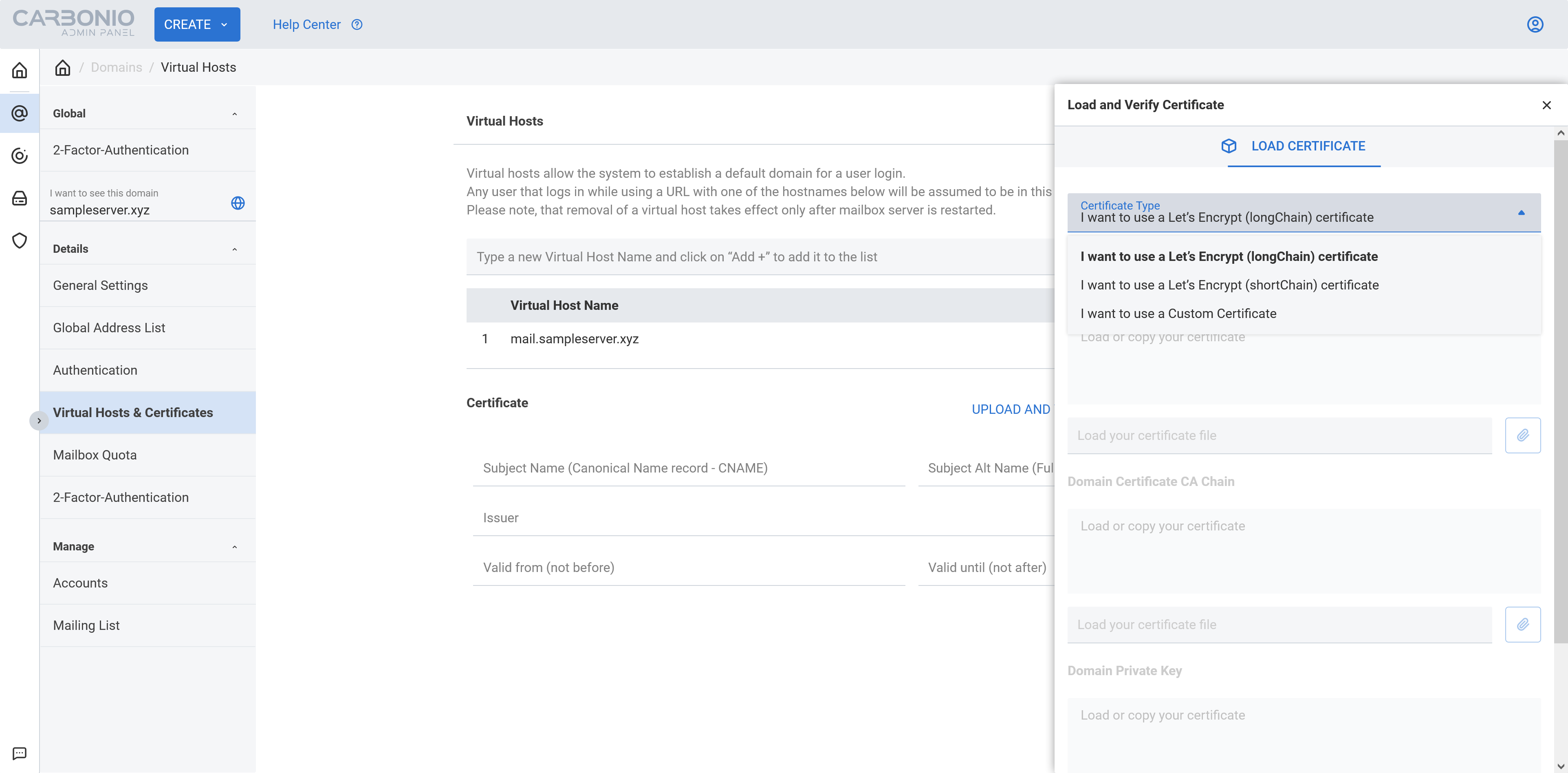 Carbonio CE Admin Panel, Virtual hosts & Certificates, Load Certificates