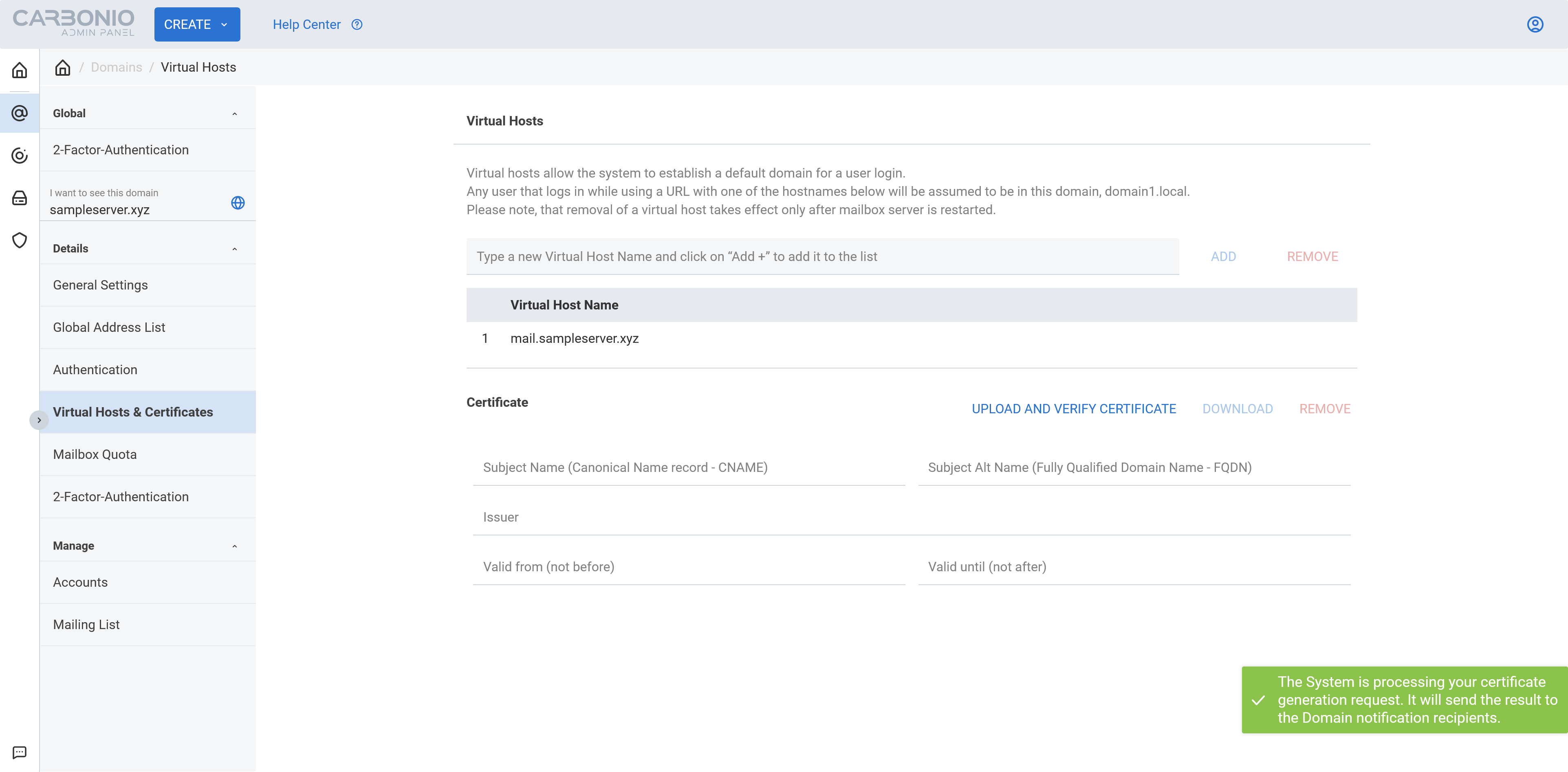 Carbonio CE Admin Panel, Virtual hosts & Certificates, Load Certificates