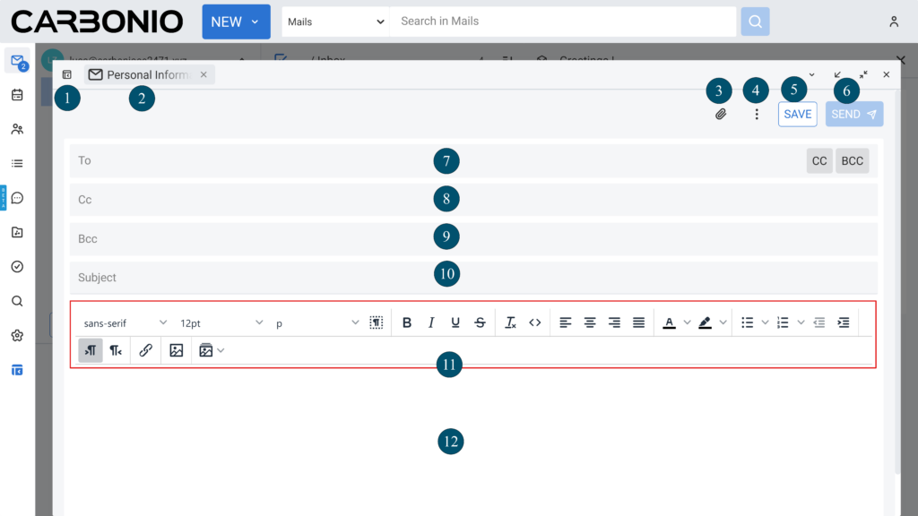 Carbonio Community Edition user webmail - email editor details