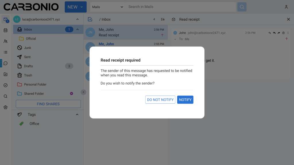 Carbonio Community Edition user webmail - request read receipt