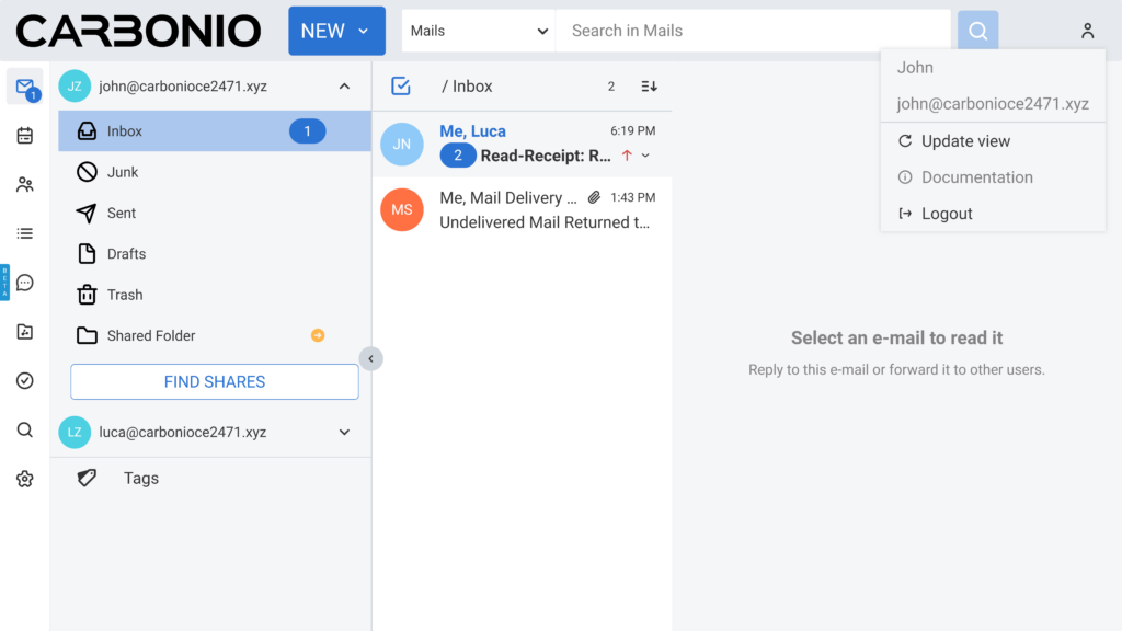 Carbonio Community Edition user webmail - Update view