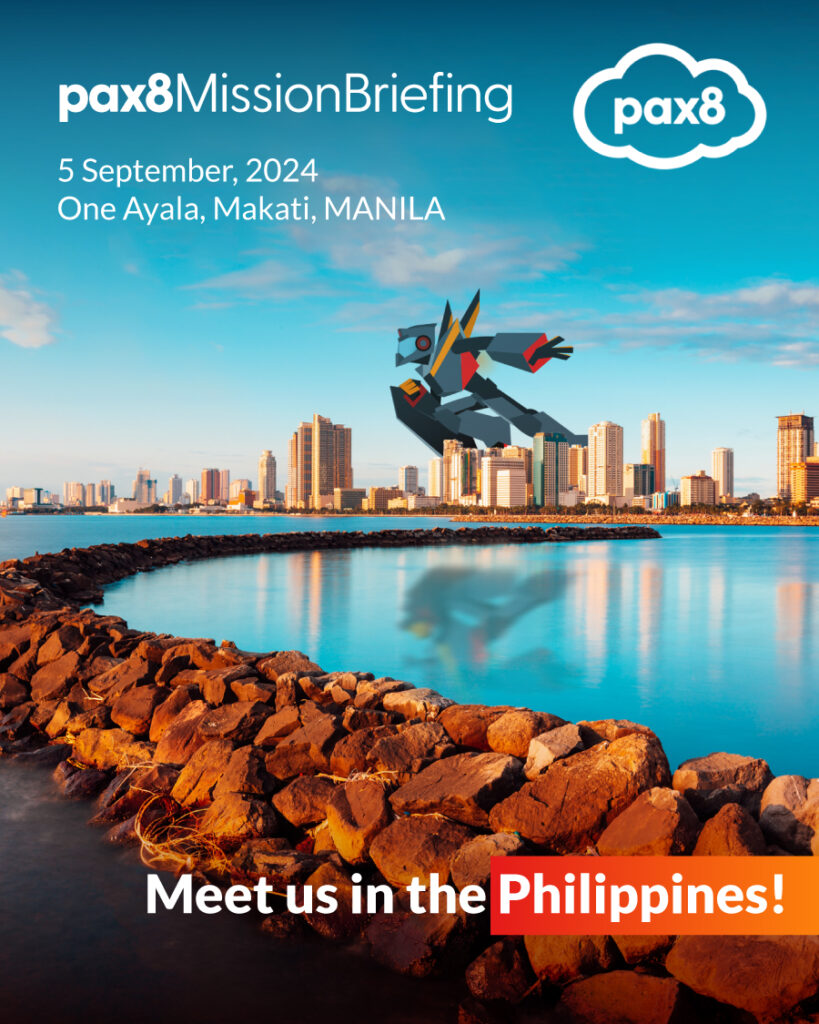 the giant robot Carbonio flyes over Manila bay. The text says Pax8 Mission Briefing, meet us in the Philippines