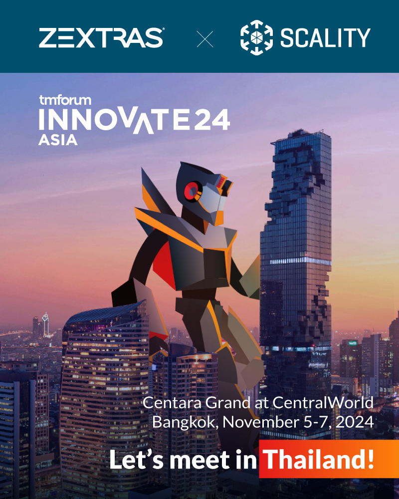 Zextras ad Scality are exhibiting together at Innovate Asia 2024. A giant robot, Carbonio, walks among Bangkok skyscrapers