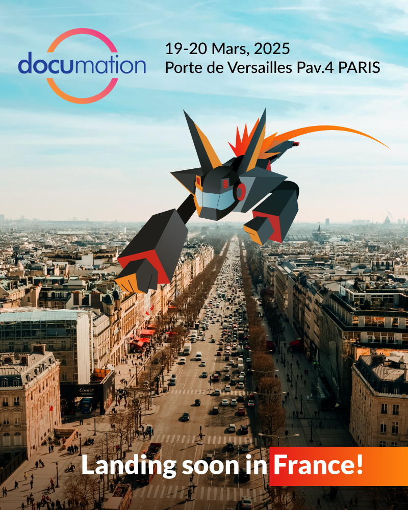 Carbonio robot flying over the Champs Elysees. The text invits to the event Documation, in Paris in march 2025