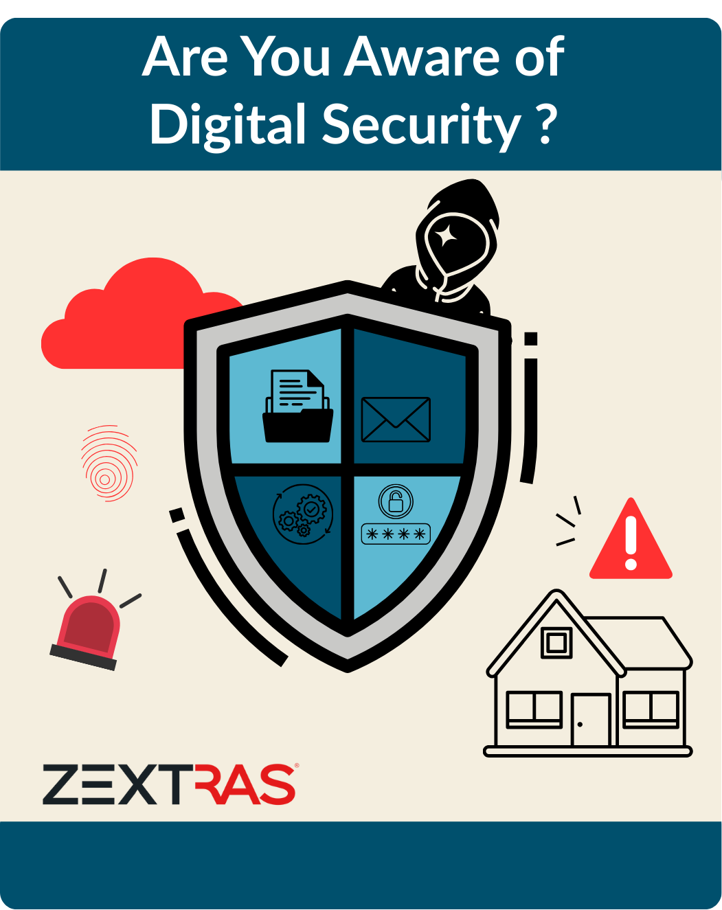 Illustration showing a remote worker using a laptop protected by a central shield divided into four labeled quadrants: Data Protection, IAM (Identity and Access Management), Encryption, and Endpoint Security. Threat icons such as hackers, warning symbols, and lightning bolts are positioned outside the shield, visually blocked from reaching the user. Cloud and server icons reinforce the digital environment. The top of the image reads: "Are You Aware of Digital Security."